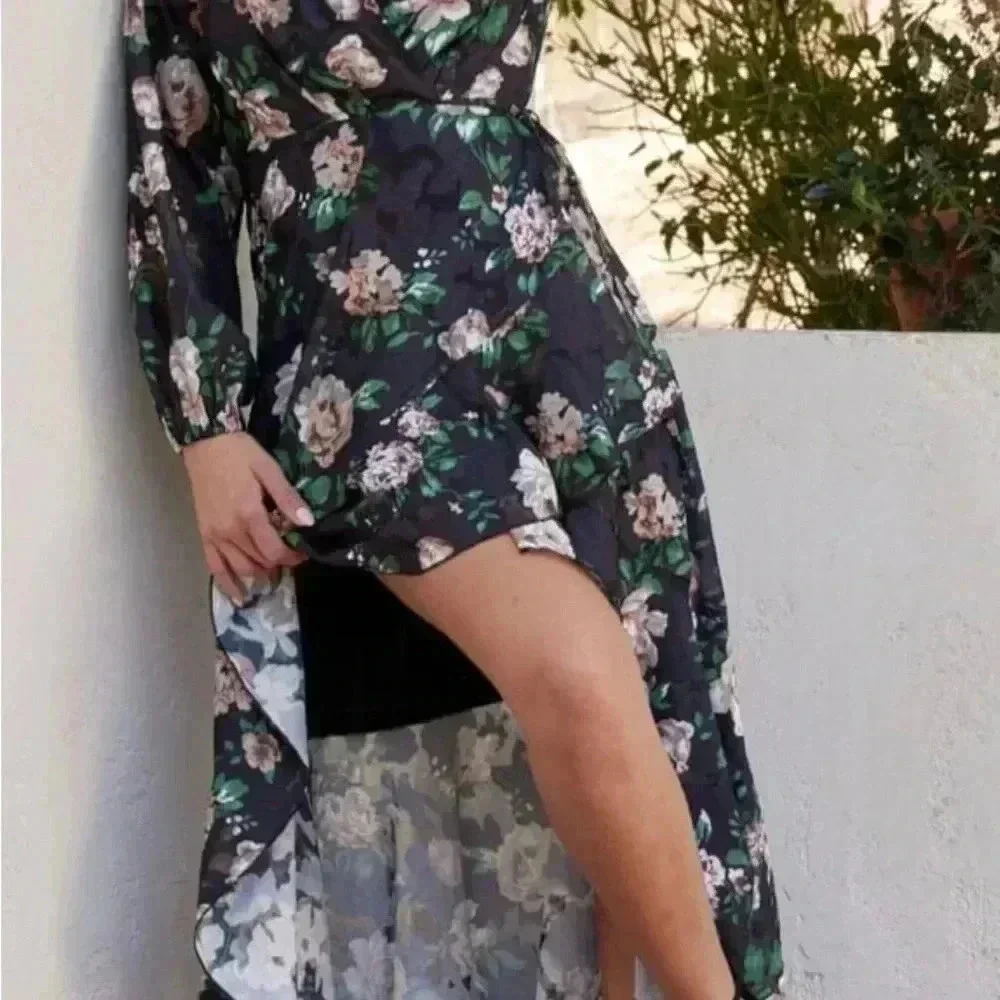 Lulus Feeling Cherished black Floral Ruffled Wrap Tiered Maxi Dress